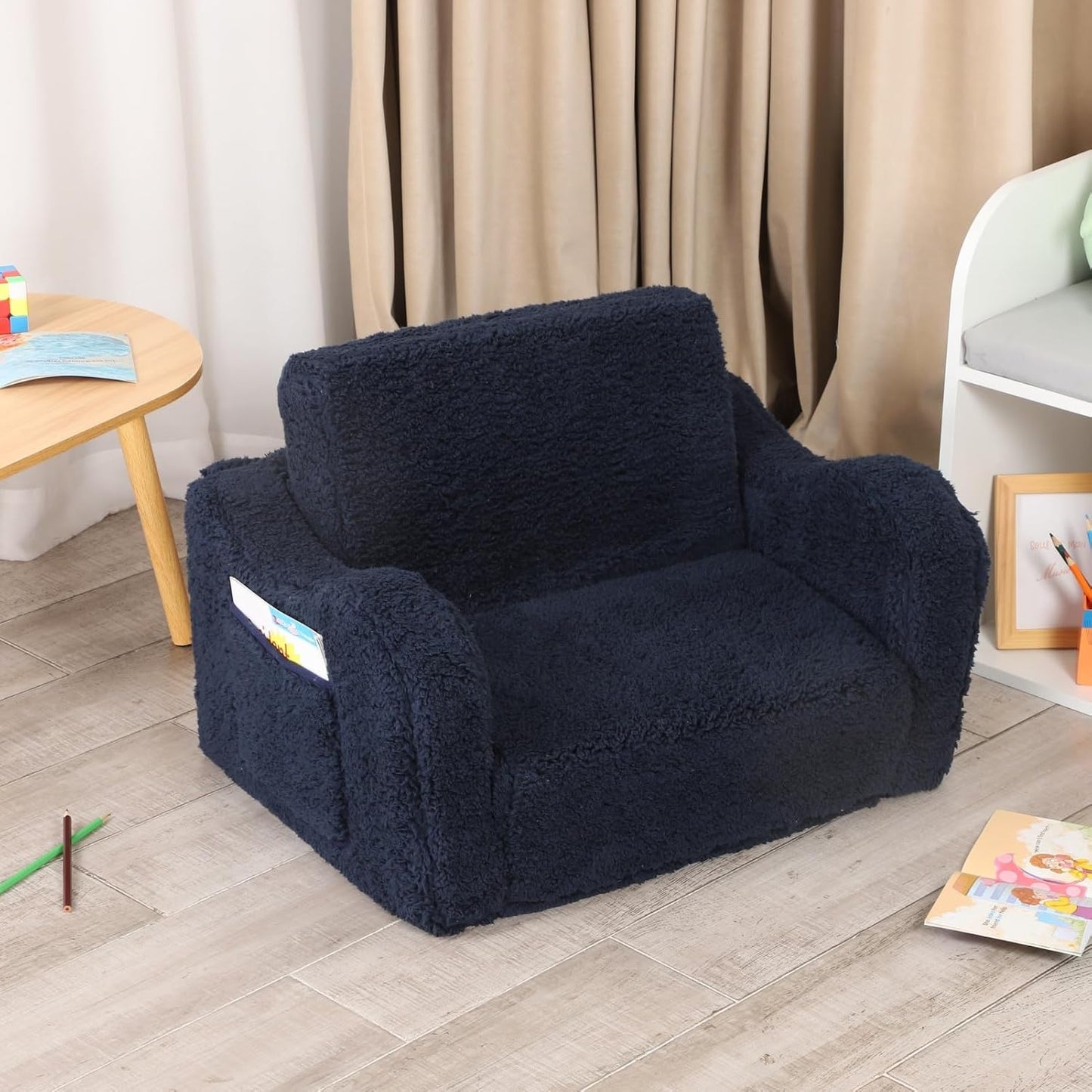 Kids Sofa, 2-in-1 Flip-Out Foam Couch with Soft Sherpa Cover, Cozy Play Lounge Chair, Dark Blue