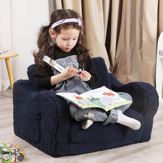 Kids Sofa, 2-in-1 Flip-Out Foam Couch with Soft Sherpa Cover, Cozy Play Lounge Chair, Dark Blue