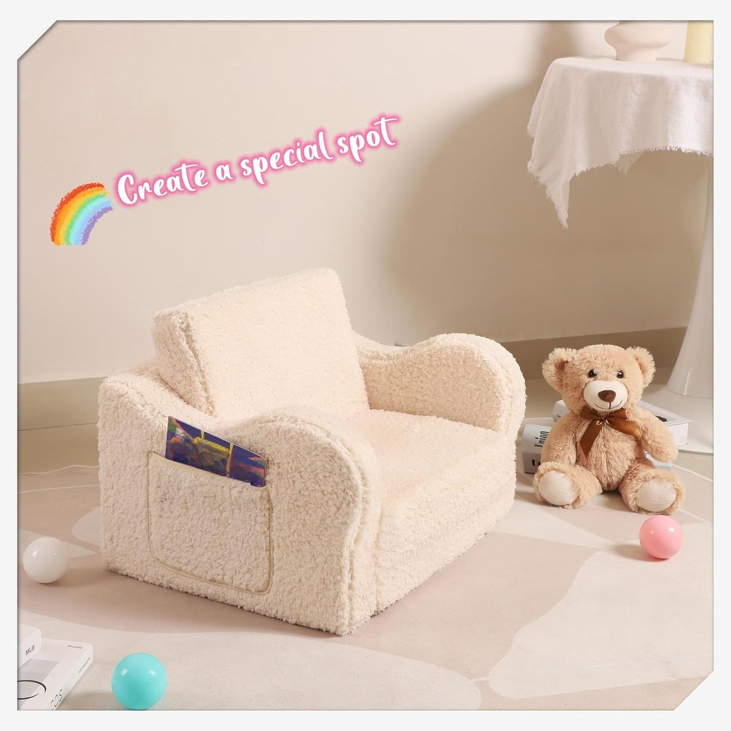 Kids Sofa, 2-in-1 Flip-Out Foam Couch with Soft Sherpa Cover, Cozy Play Lounge Chair, Cream
