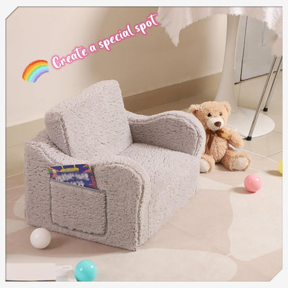 Kids Sofa, 2-in-1 Flip-Out Foam Couch with Soft Sherpa Cover, Cozy Play Lounge Chair, Grey