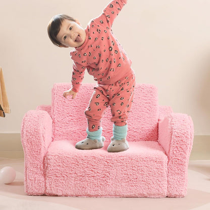 Kids Sofa, 2-in-1 Flip-Out Foam Couch with Soft Sherpa Cover, Cozy Play Lounge Chair, Pink